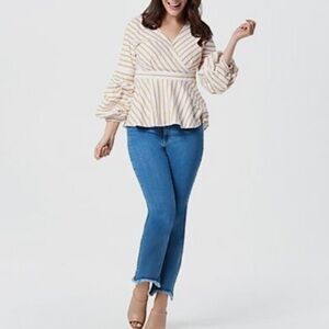 Du Jour Boho White Orange Striped 3/4 long balloon sleeve V-neck Wrap Blouse 18W